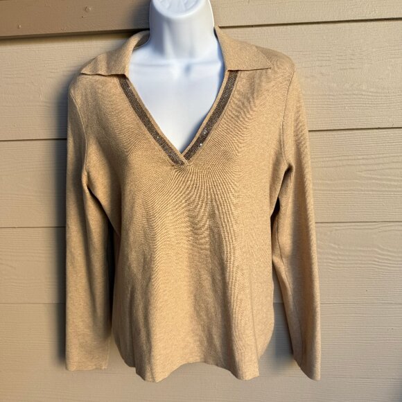 Calvin Klein NWT Women's Tan V-Neck Polo Sweater Sequin Trim Collared | Size S - Picture 7 of 11